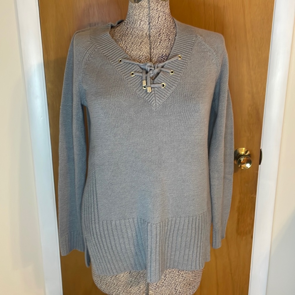 Liz Claiborne Womens Small V-Neck Laced Up Gray Sweater